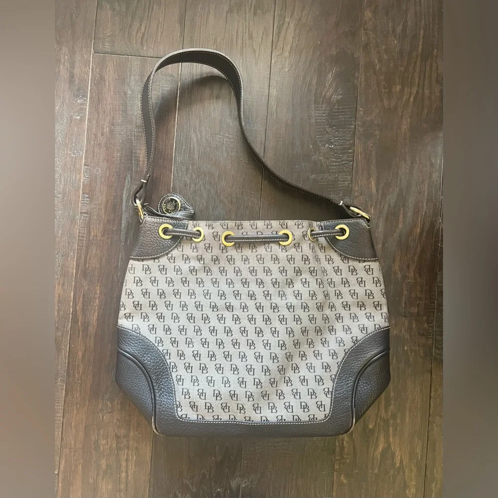 Vintage Dooney & Bourke Monogram Drawstring Bucket Bag Brown